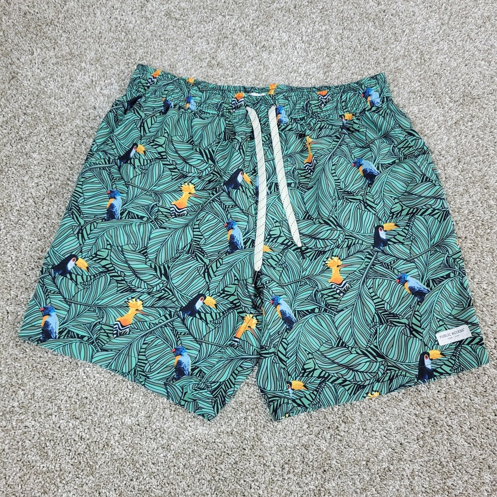 Public Access Mens Small Multicolor AOP Floral Bird Swimsuit Elastic Waist